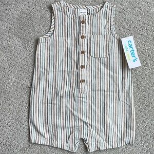 NWT Linen Carter's Neutral Striped Sleeveless Romper boys 3-6 months summer